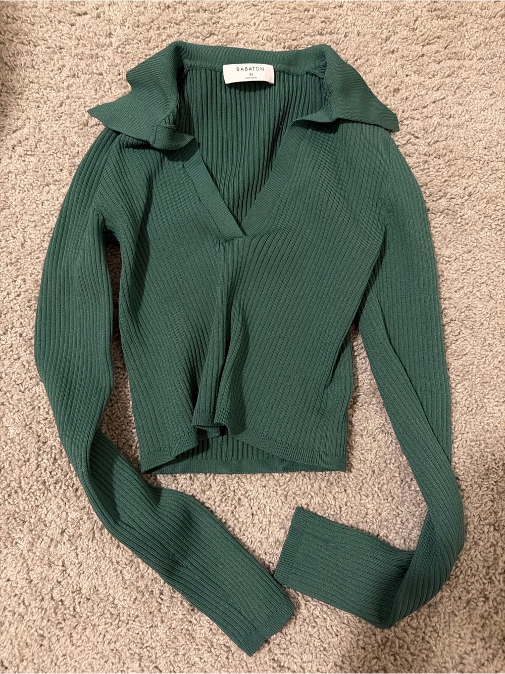 Babaton Forest Green Ribbed V-Neck Collared Sweater